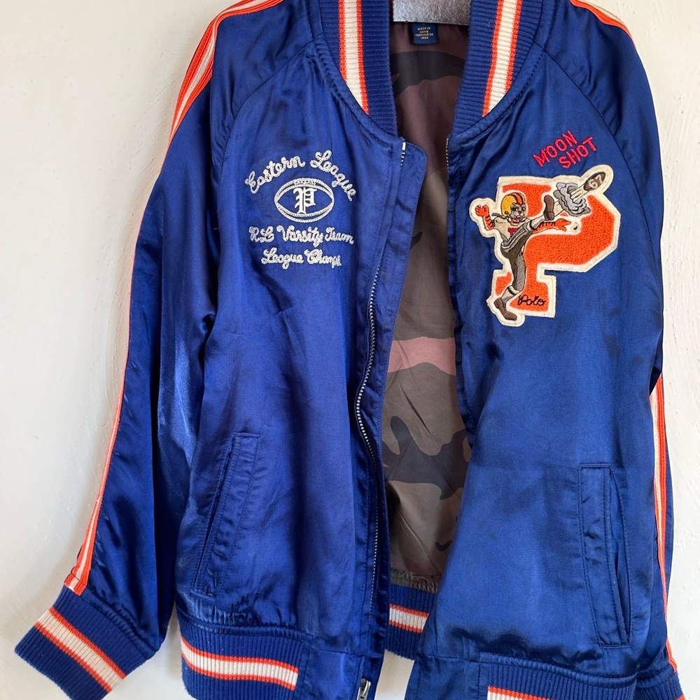 Rare POLO Ralph Lauren Blue Satin Varsity Letterman Jacket Boys 6/7 - Picture 7 of 14